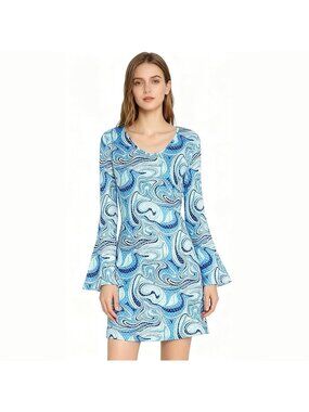 Women's Blue Sequins 60s 70s Hippie Disco Dress Costume Floral Retro Halloween